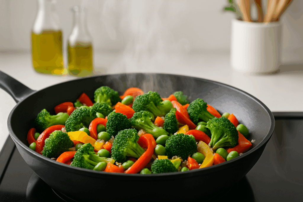 Whole Food Dinner Ideas for a Healthier Lifestyle: Easy, Unprocessed Meals Backed by Nutrition Experts 6 Colorful vegetable stir-fry with broccoli, bell peppers, and edamame in a skillet, perfect for quick whole food dinner ideas.