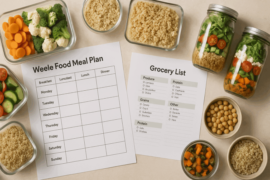 Whole Food Dinner Ideas for a Healthier Lifestyle: Easy, Unprocessed Meals Backed by Nutrition Experts 7 Top-down view of a kitchen counter with a weekly meal plan, grocery list, and prepped ingredients showcasing organized whole food dinner ideas.