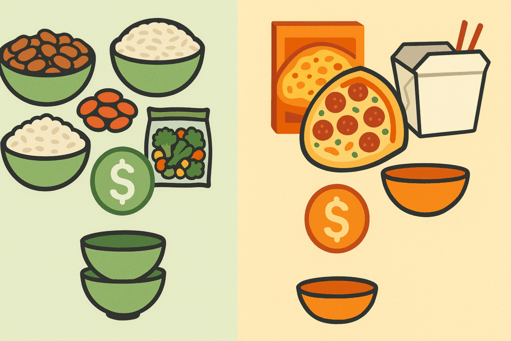 Whole Food Dinner Ideas for a Healthier Lifestyle: Easy, Unprocessed Meals Backed by Nutrition Experts 5 Visual comparison of whole food dinner ideas like beans, rice, and frozen vegetables versus processed foods like pizza and takeout, highlighting cost and portion value.