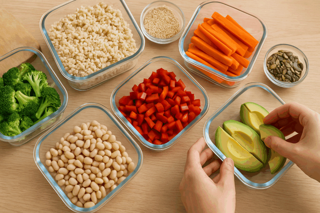 Whole Food Dinner Ideas for a Healthier Lifestyle: Easy, Unprocessed Meals Backed by Nutrition Experts 2 Meal prep containers filled with whole grains, beans, vegetables, and avocado slices, showing organized whole food dinner ideas for home cooking.