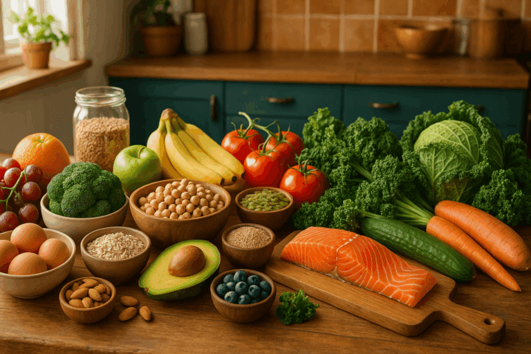 Colorful whole foods including salmon, kale, tomatoes, grains, and avocado on a rustic kitchen counter, illustrating Whole Food Nutrition Demystified.