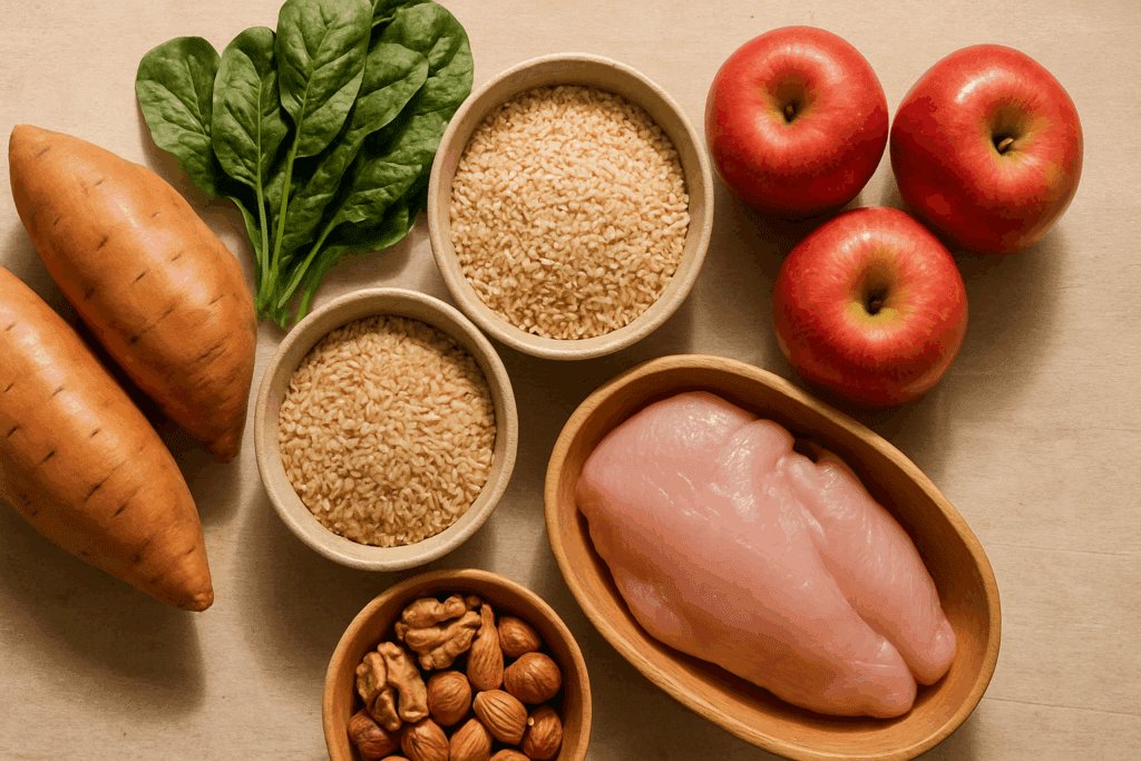 Flat lay of sweet potatoes, leafy greens, apples, brown rice, quinoa, raw nuts, and unprocessed chicken breast on wood background, illustrating Whole Food Nutrition Demystified.