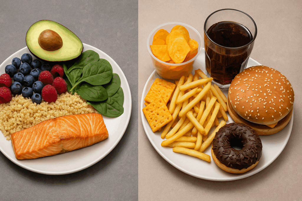 Side-by-side plates comparing whole food nutrition demystified with salmon, quinoa, and berries vs. ultra-processed fast food items