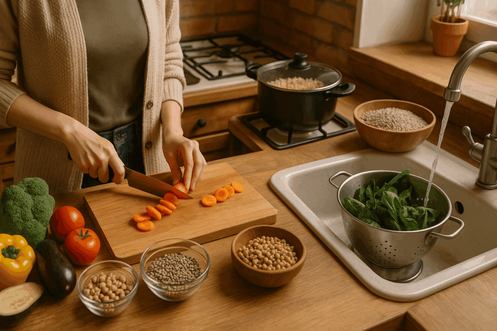 Cozy kitchen scene showing whole food meal prep with legumes, grains, and vegetables, illustrating Whole Food Nutrition Demystified.