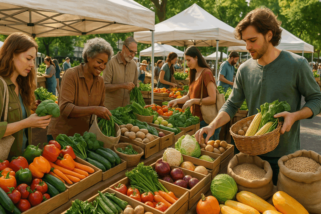 Farmers market scene showcasing whole food nutrition demystified with fresh produce, grains, and seasonal vegetables in reusable bags.
