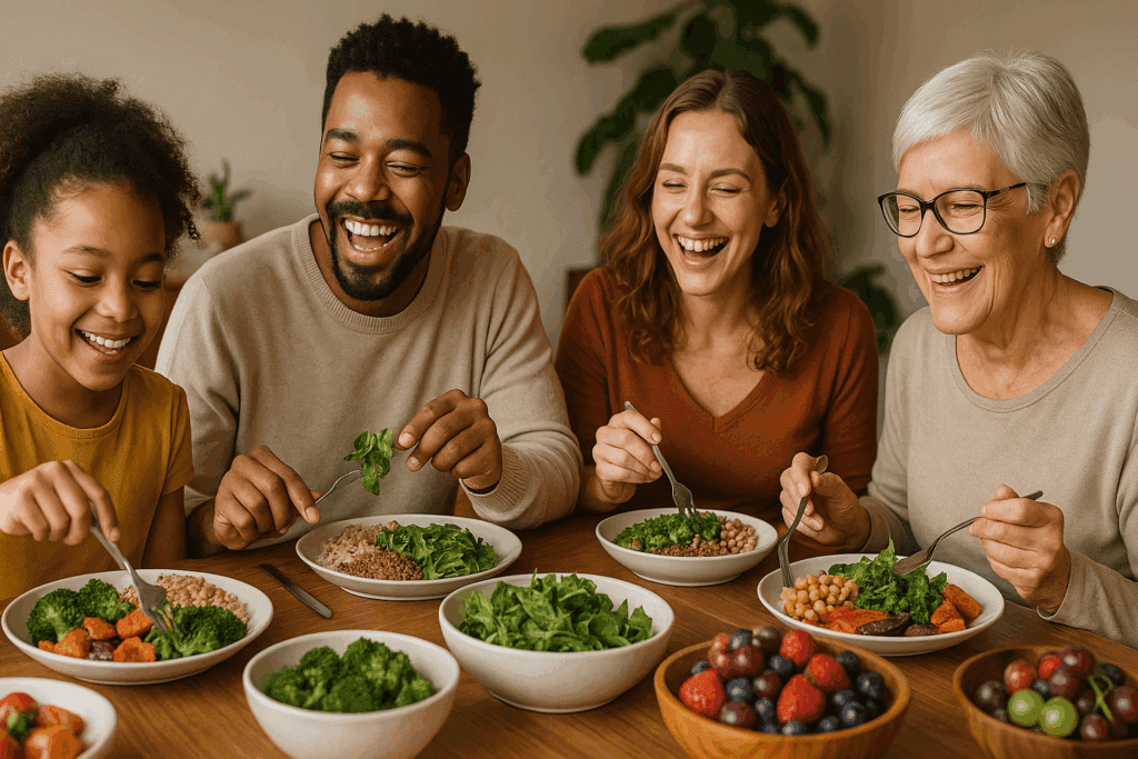 Smiling diverse family sharing a colorful whole foods meal with vegetables, legumes, and fruit—capturing Whole Food Nutrition Demystified
