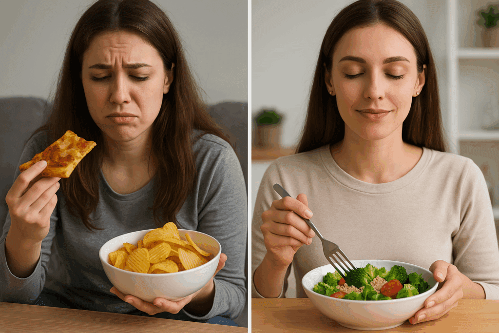 Split image showing the emotional contrast of eating habits related to 'Why Am I Always Hungry?' On the left, a stressed woman eats comfort food like pizza and chips, while on the right, a calm woman enjoys a healthy, mindful meal of salad