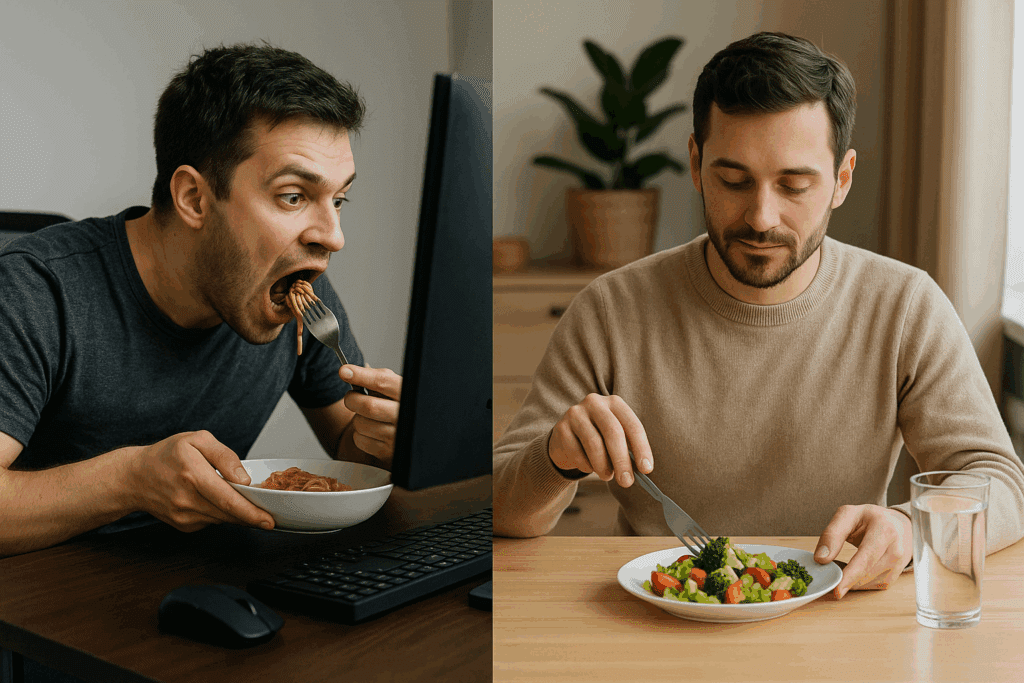 Why Am I Always Hungry? A side-by-side comparison showing two people with different eating habits: one eating quickly at a desk while distracted by a screen, and the other eating mindfully and slowly at a dining table, highlighting how lifestyle habits affect hunger signals