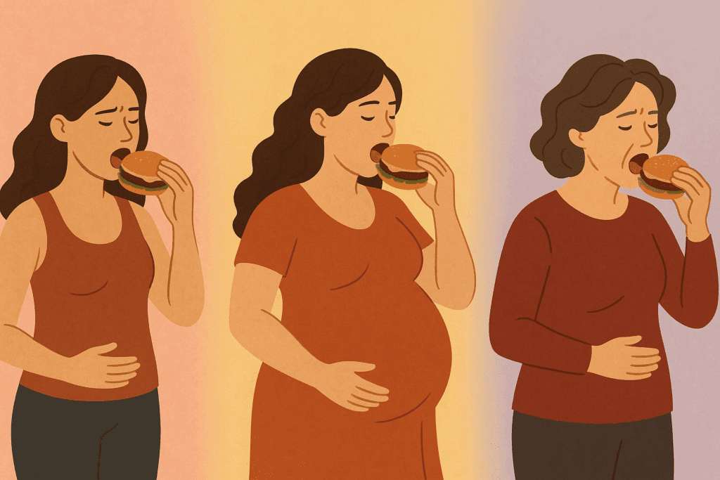Illustration showing a woman at different life stages (menstruation, pregnancy, menopause), each holding and eating a burger. The image highlights hormonal changes influencing hunger, with soft pastel backgrounds representing each phase. This visual aligns with the theme of 'Why Am I Always Hungry?' by exploring how hormonal shifts impact appetite in women across various life phases