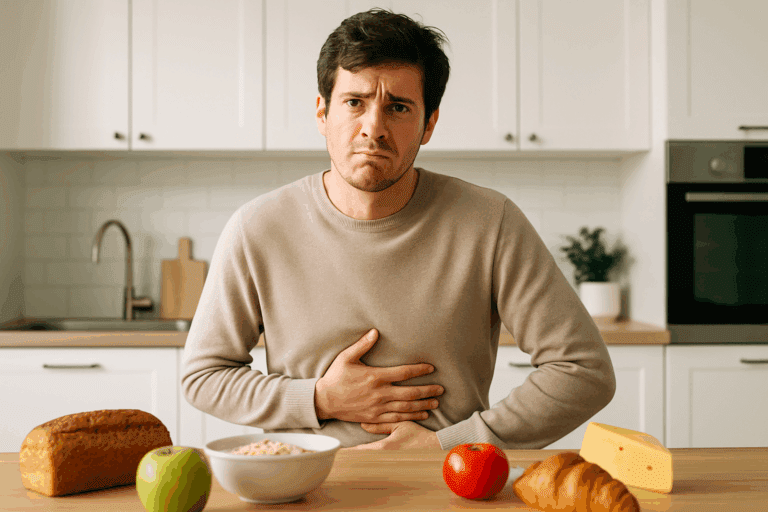 Young man holding his stomach, looking perplexed and frustrated in a modern kitchen, surrounded by scattered food items. His expression conveys the feeling of persistent hunger, emphasizing the question, 'Why Am I Always Hungry?