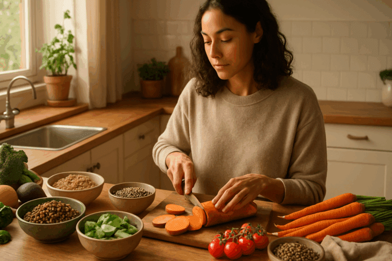 Mindful woman preparing fiber-rich whole-food meal with sweet potatoes, lentils, and brown rice—illustrating why am I craving carbs.