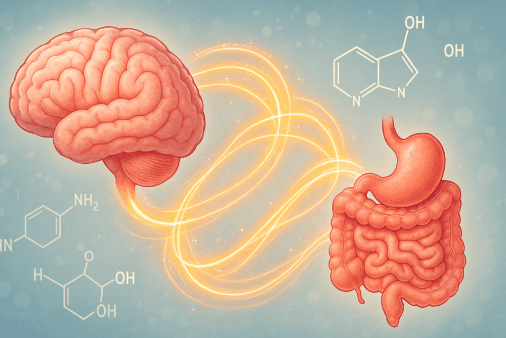 Conceptual illustration showing the brain and digestive system connected by swirling energy to explain why am I craving carbs through serotonin and blood sugar balance