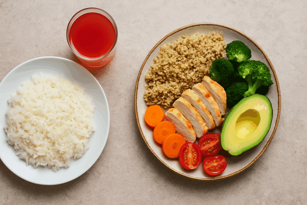 Balanced vs. unbalanced meal showing visual answer to why am I craving carbs, with colorful whole foods beside plain white rice and sugary drink.