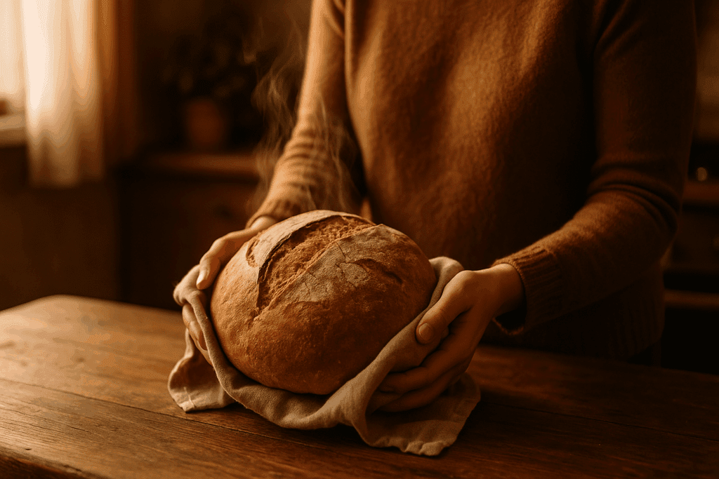 Person holding a steaming loaf of fresh bread in a cozy kitchen, evoking warmth and comfort—why am I craving carbs moment captured.