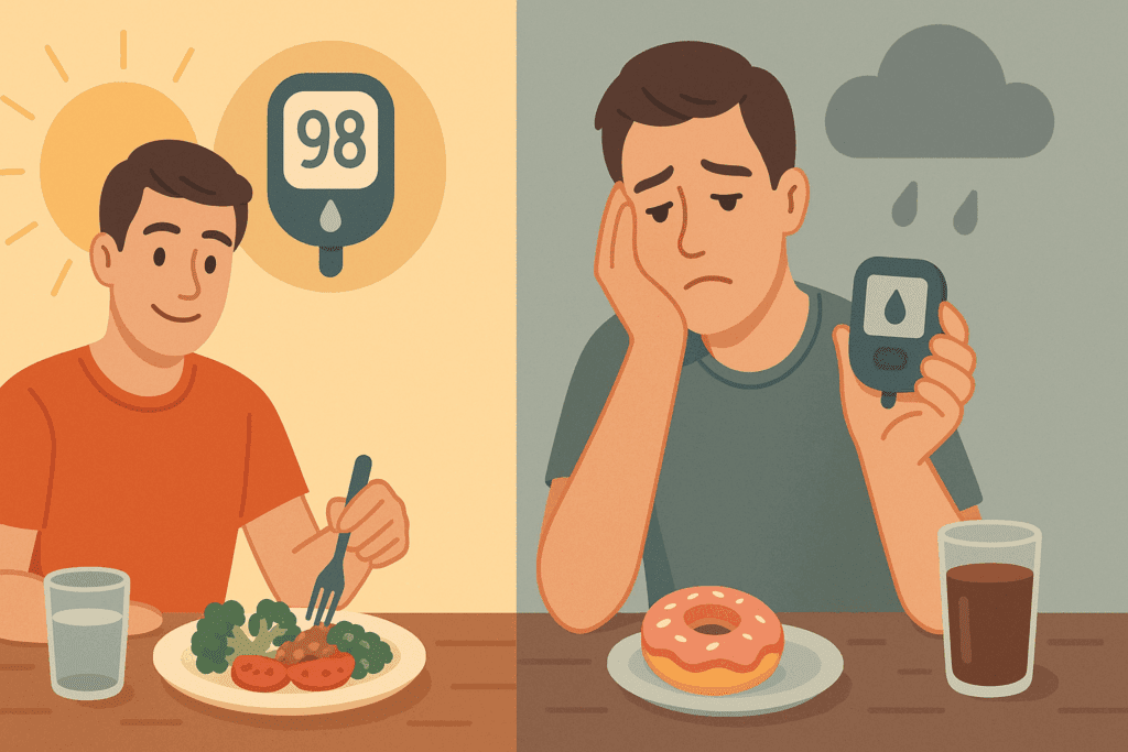 Split-screen illustration showing healthy blood sugar on one side and carb cravings from imbalance on the other, highlighting why am I craving carbs.