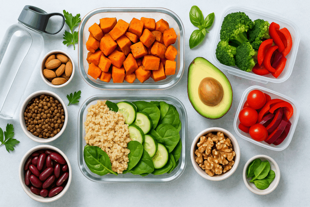 Meal prep with roasted sweet potatoes, lentils, quinoa, and avocado—nutritious whole foods that answer why am I craving carbs.