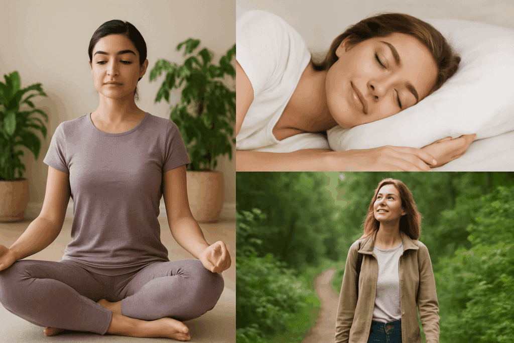 Collage showing how lifestyle habits help answer why am I craving carbs, with scenes of meditation, restful sleep, and nature walking.