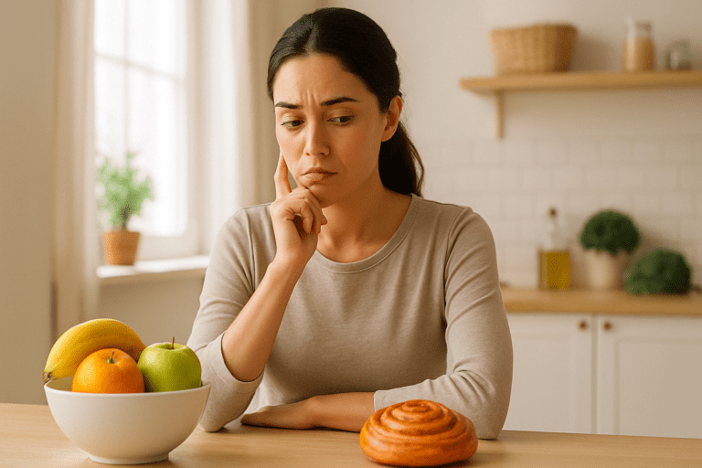 Thoughtful young woman in a kitchen debating between fruit and a pastry, reflecting the question: why am I craving sweets all of a sudden
