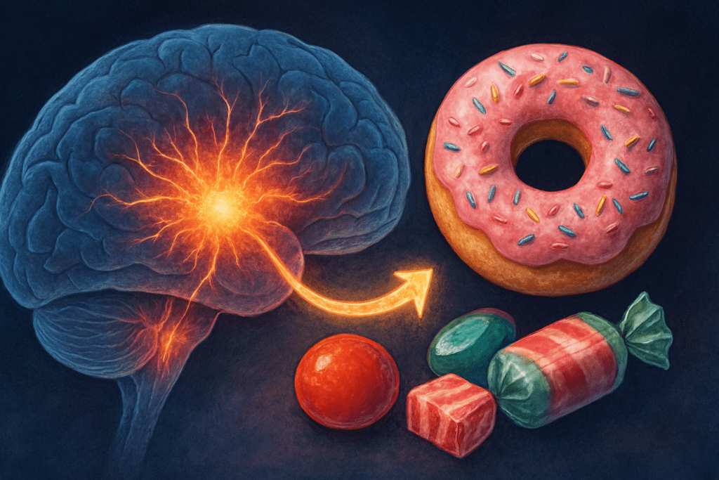 Why Am I Craving Sweets All of a Sudden? Expert-Backed Reasons and How to Stop Sugar Cravings Naturally 1 Artistic brain illustration showing dopamine activation in response to sweets like donuts and candy, addressing why am I craving sweets all of a sudden.