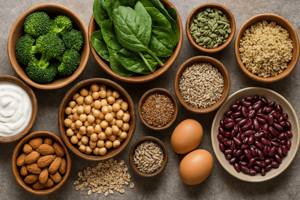 Why Am I Craving Sweets All of a Sudden? Expert-Backed Reasons and How to Stop Sugar Cravings Naturally 2 Leafy greens, legumes, nuts, seeds, whole grains, eggs, and yogurt arranged on a rustic counter to explore why am I craving sweets all of a sudden