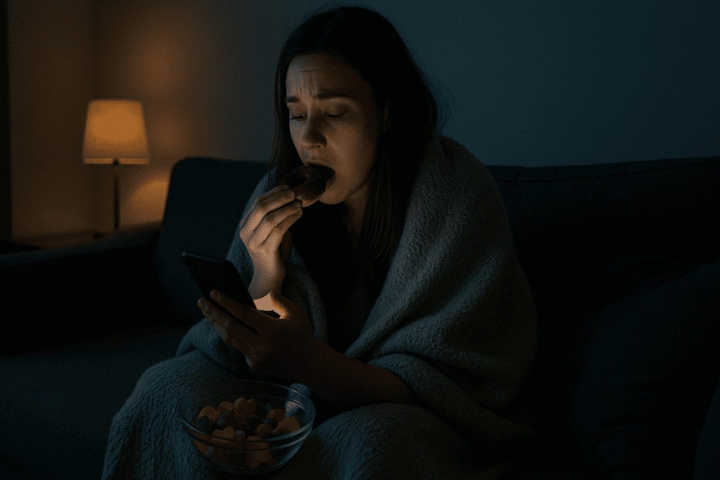 Why Am I Craving Sweets All of a Sudden? Expert-Backed Reasons and How to Stop Sugar Cravings Naturally 3 Woman wrapped in a blanket eating sweets alone at night while scrolling her phone, illustrating the question why am I craving sweets all of a sudden.