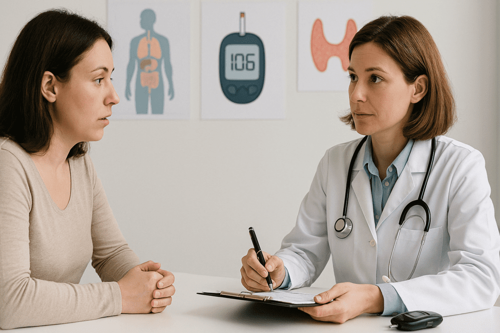 Why Am I Craving Sweets All of a Sudden? Expert-Backed Reasons and How to Stop Sugar Cravings Naturally 5 Doctor consulting a woman about sudden sugar cravings with charts showing glucose and thyroid—Why am I craving sweets all of a sudden