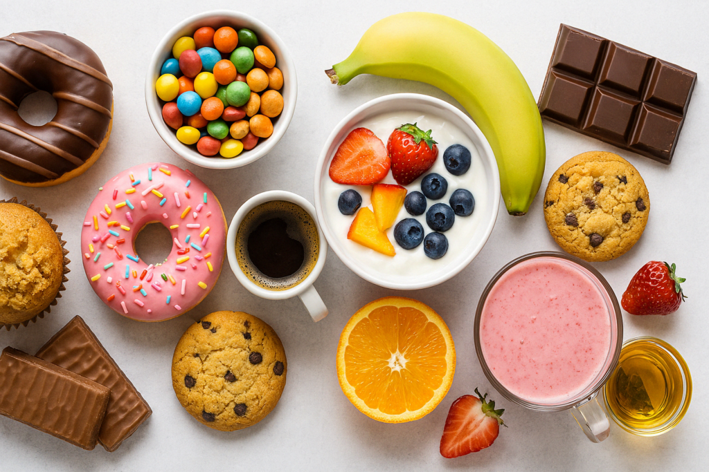 Why Am I Craving Sweets All of a Sudden? Expert-Backed Reasons and How to Stop Sugar Cravings Naturally 6 Side-by-side comparison of sugary desserts and healthy alternatives like fruit and yogurt, illustrating why am I craving sweets all of a sudden