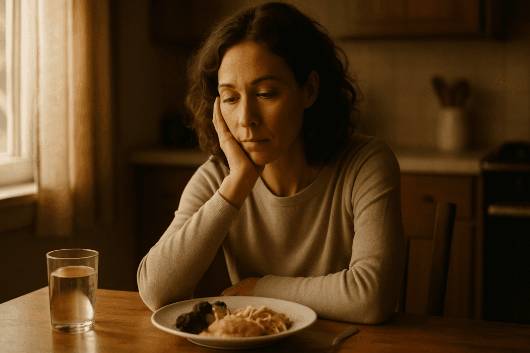 A woman sitting at a kitchen table, looking thoughtfully at an untouched meal of chicken, pasta, and broccoli, conveying a sense of introspection and concern. The soft, warm natural lighting creates a serene atmosphere, as she reflects on her lack of appetite, visualizing the feeling of 'Why Am I Not Hungry Anymore?