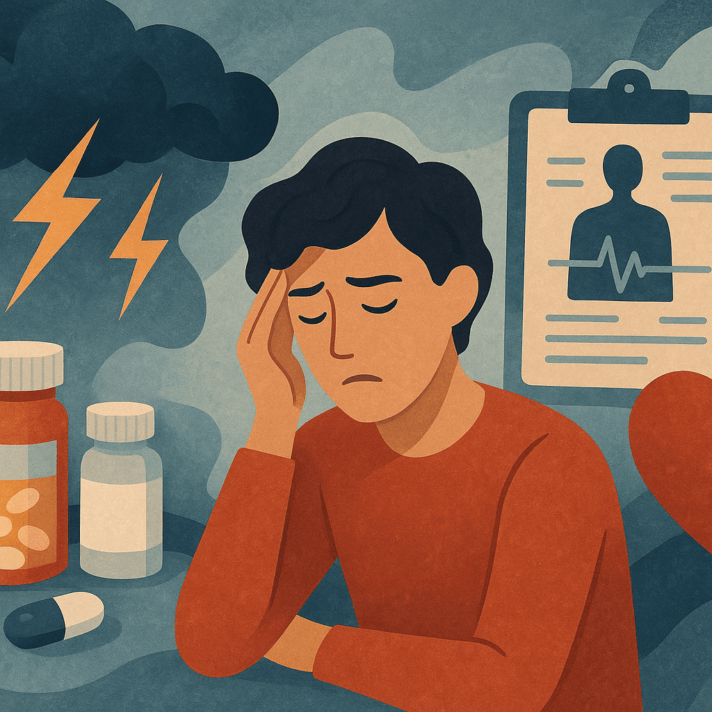 Why Am I Not Hungry Anymore? Understanding Sudden Loss of Appetite, Nausea, and What It Means for Your Health 2 Person overwhelmed by stress, medication, illness, and grief, with symbolic representations such as pill bottles, storm clouds, and a broken heart surrounding them. The figure appears introspective, reflecting on the emotional and physical toll of these challenges, with a focus on the question 'Why Am I Not Hungry Anymore?
