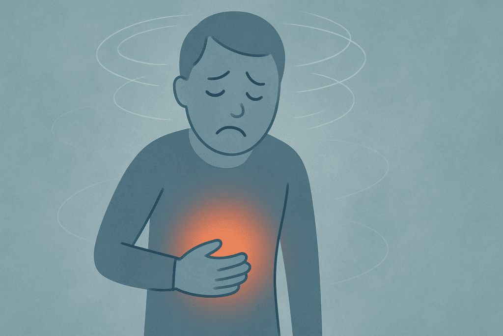 Why Am I Not Hungry Anymore? Understanding Sudden Loss of Appetite, Nausea, and What It Means for Your Health 3 Human figure showing signs of discomfort from nausea with a glowing stomach area, symbolizing loss of appetite. Swirling lines represent dizziness and motion, visualizing symptoms related to why someone might ask 'Why Am I Not Hungry Anymore?