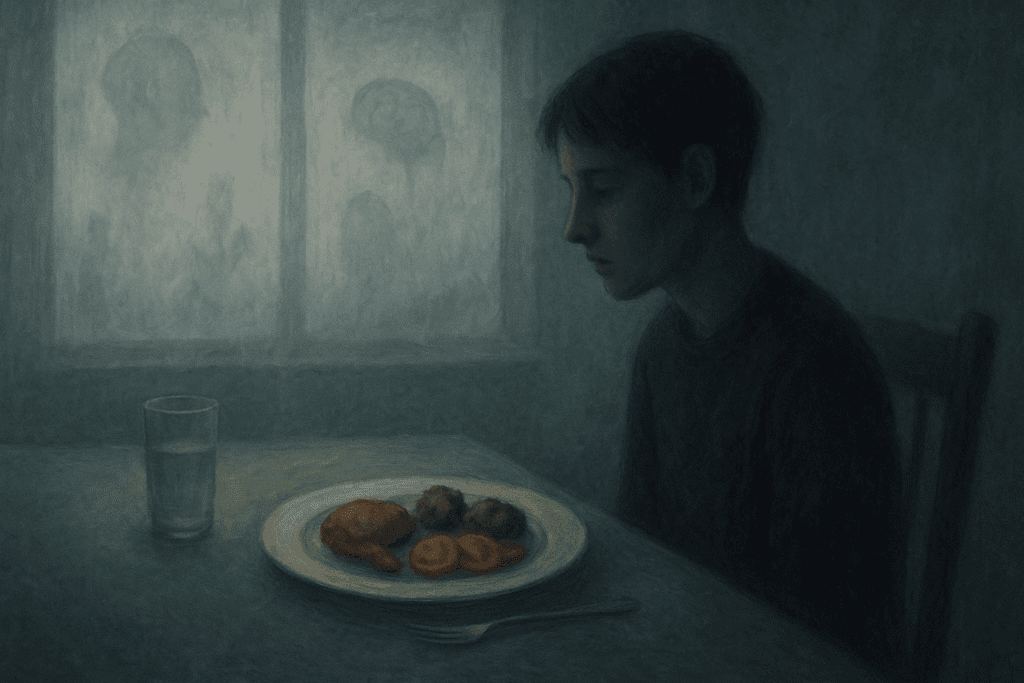 Why Am I Not Hungry Anymore? Understanding Sudden Loss of Appetite, Nausea, and What It Means for Your Health 5 Person sitting alone at a table with an untouched meal, gazing down in a shadowy room, visually illustrating the question 'Why Am I Not Hungry Anymore?' with a distant and withdrawn expression. The scene conveys emotional detachment and psychological struggle surrounding loss of appetite