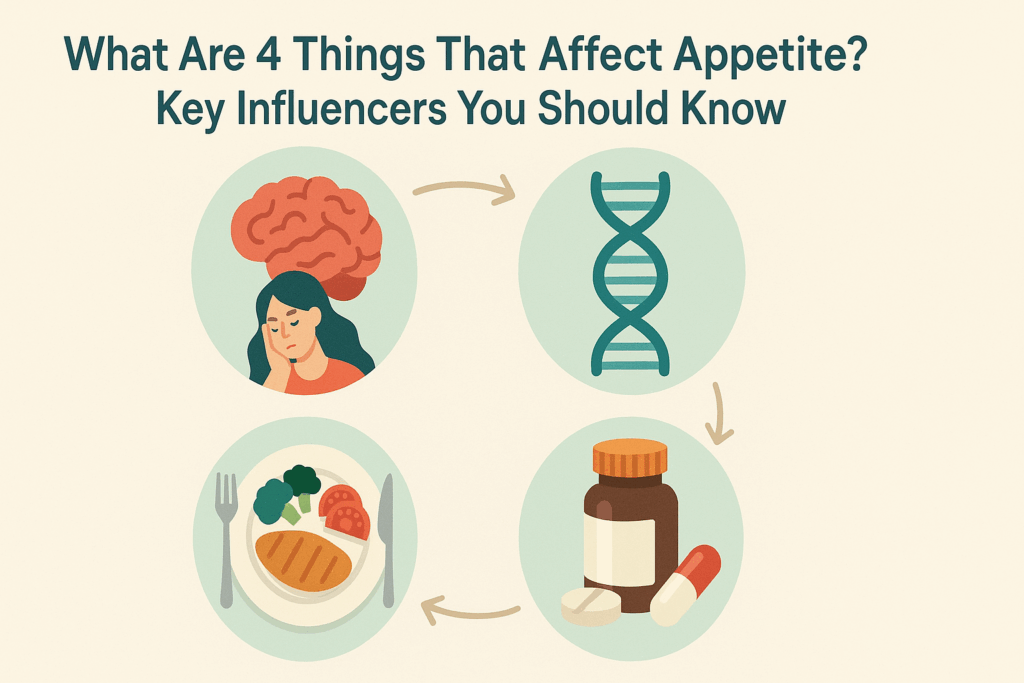 Why Am I Not Hungry Anymore? Understanding Sudden Loss of Appetite, Nausea, and What It Means for Your Health 6 Infographic showing four factors affecting appetite: emotional health, hormones, dietary habits, and medications, with illustrations of a brain, DNA helix, meal plate, and pill bottle, addressing the question 'Why Am I Not Hungry Anymore?