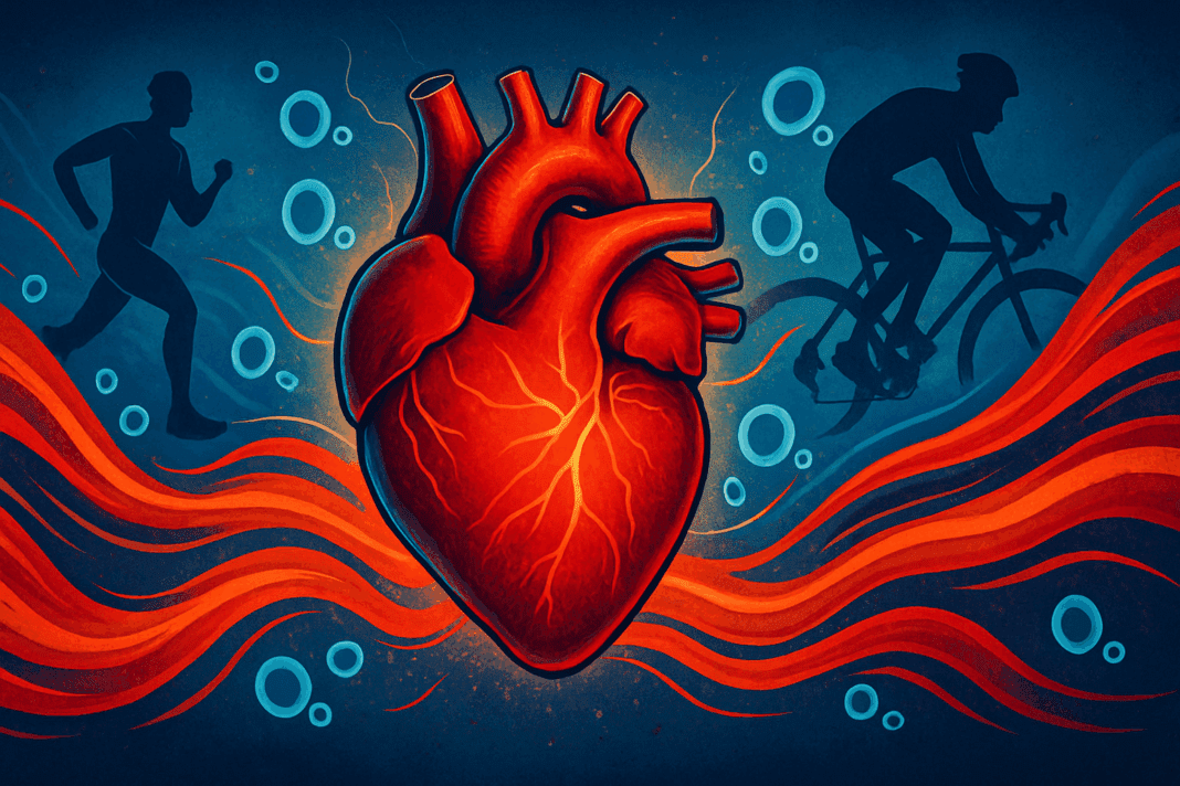 Illustration symbolizing why do athletes have lower resting heart rates with a strong heart, oxygen molecules, and athletes running and cycling.
