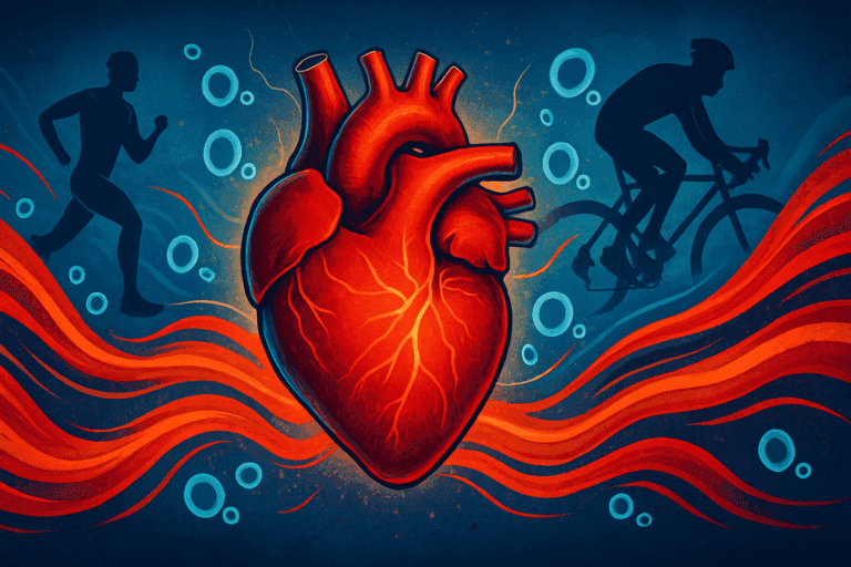 Illustration symbolizing why do athletes have lower resting heart rates with a strong heart, oxygen molecules, and athletes running and cycling.
