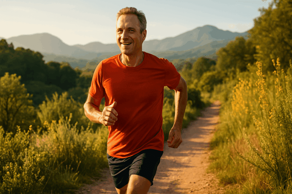 Why Do Athletes Have Lower Resting Heart Rates? Exploring the Athletic Heart Rate Advantage for Endurance and Performance 4 Middle-aged athlete jogging on a nature trail, symbolizing why do athletes have lower resting heart rates through long-term cardiovascular fitness.