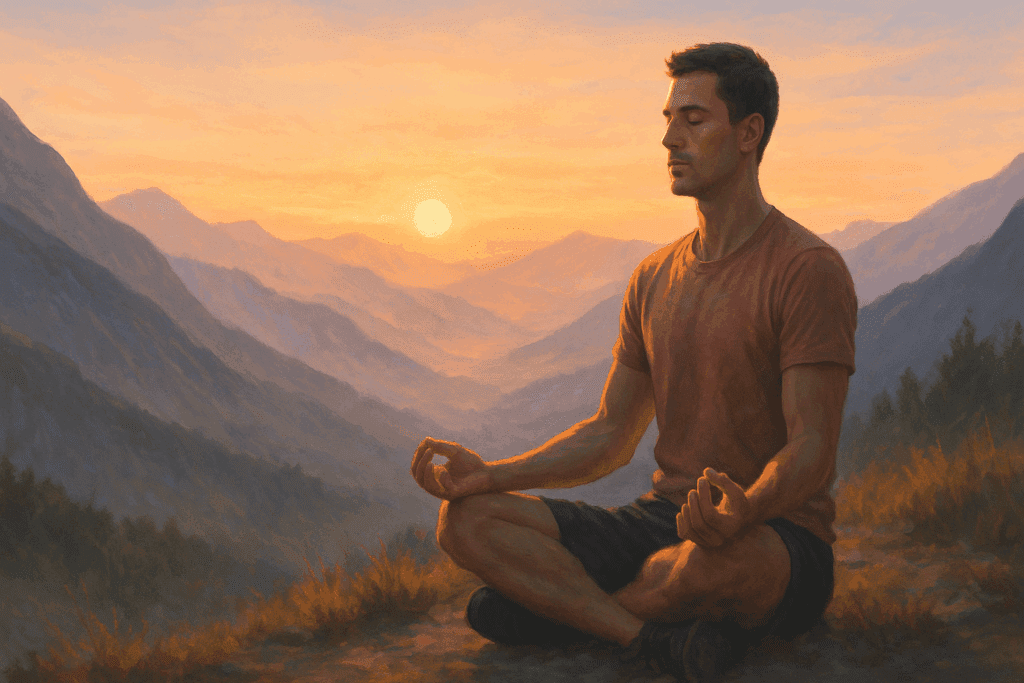 Why Do Athletes Have Lower Resting Heart Rates? Exploring the Athletic Heart Rate Advantage for Endurance and Performance 5 Athlete meditating at sunrise on a mountain, illustrating why do athletes have lower resting heart rates through calm and mental clarity.