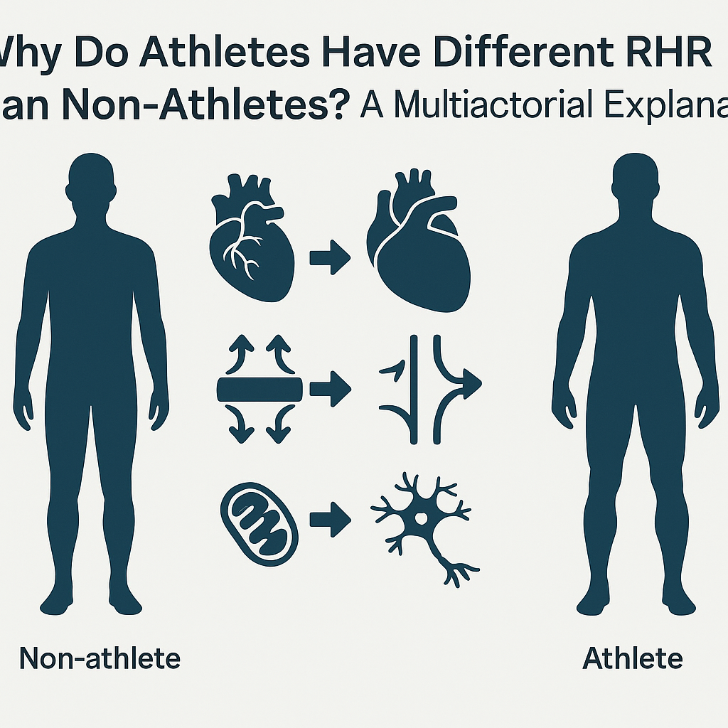 Why Do Athletes Have Lower Resting Heart Rates? Exploring the Athletic Heart Rate Advantage for Endurance and Performance 6 Visual comparison of athlete and non-athlete silhouettes showing heart size, vascular resistance, and mitochondrial function to explain why do athletes have lower resting heart rates