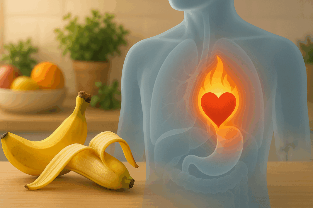 Ripe banana split open beside burning heart symbol in torso overlay illustrating digestive discomfort, concept for why do bananas give me heartburn