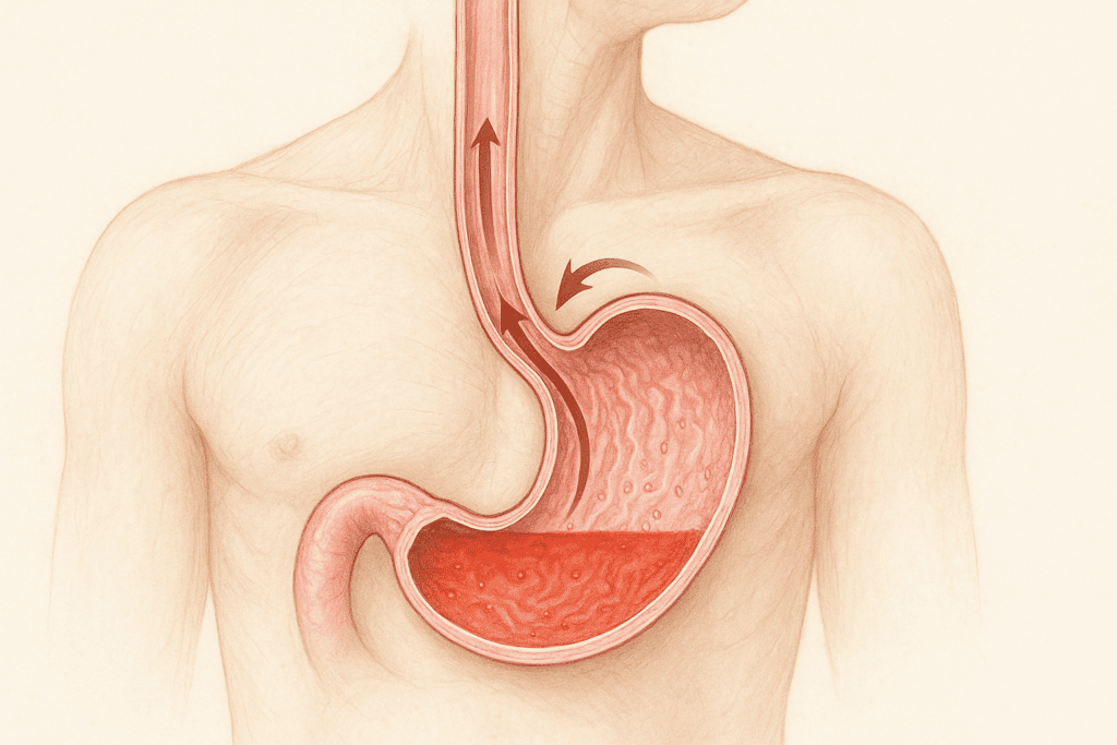 Cross-section of the human upper digestive tract showing acid reflux into the esophagus, illustrating why do bananas give me heartburn.