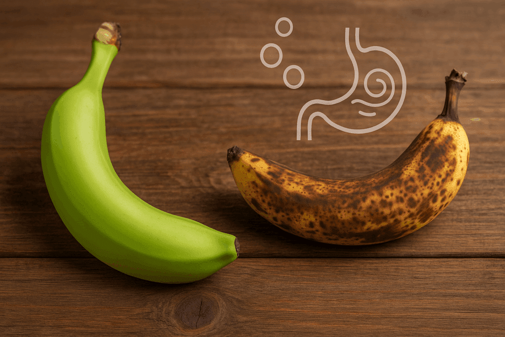 Green banana and overripe banana on wooden table illustrating why do bananas give me heartburn with digestive discomfort icons.