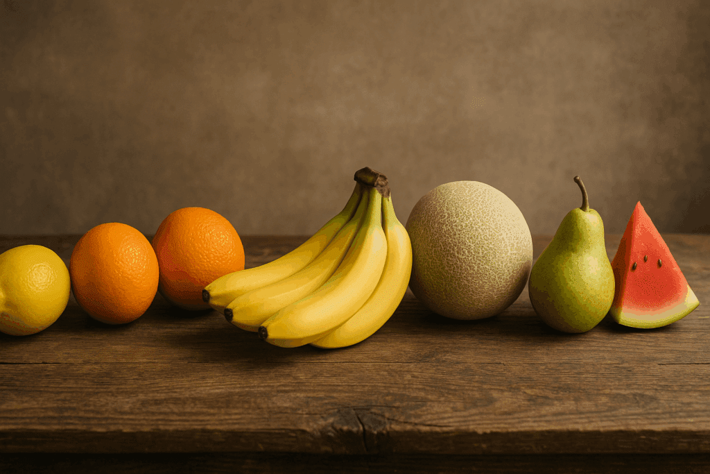 Spectrum of fruits arranged by acidity on a rustic table, illustrating why do bananas give me heartburn concerns.