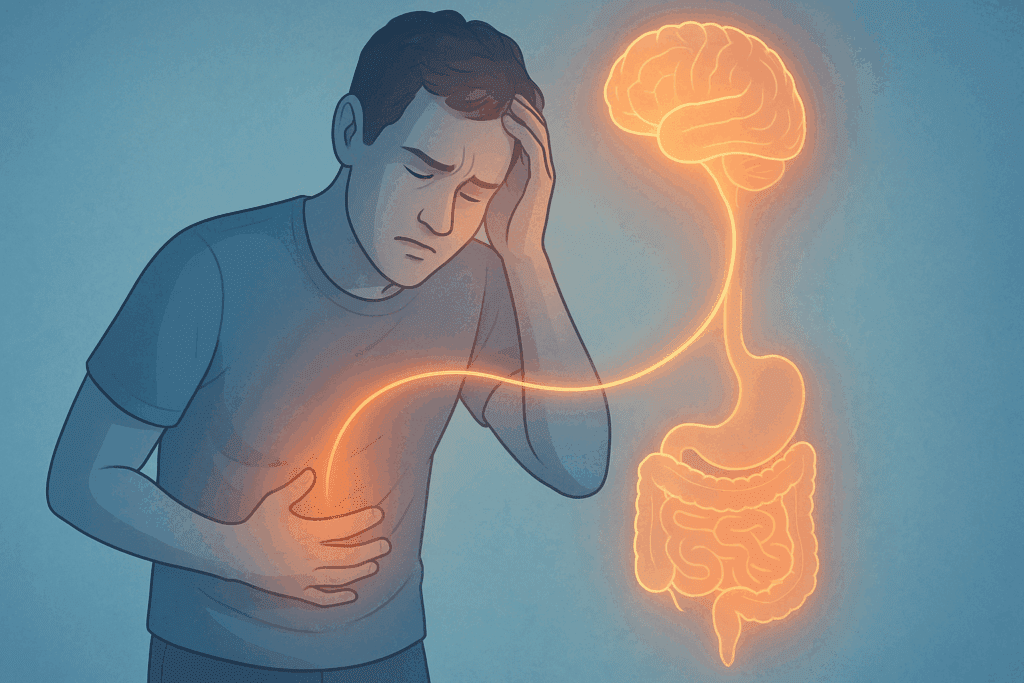 Nervous man holding head and stomach with glowing gut-brain axis connection illustrating why do bananas give me heartburn.
