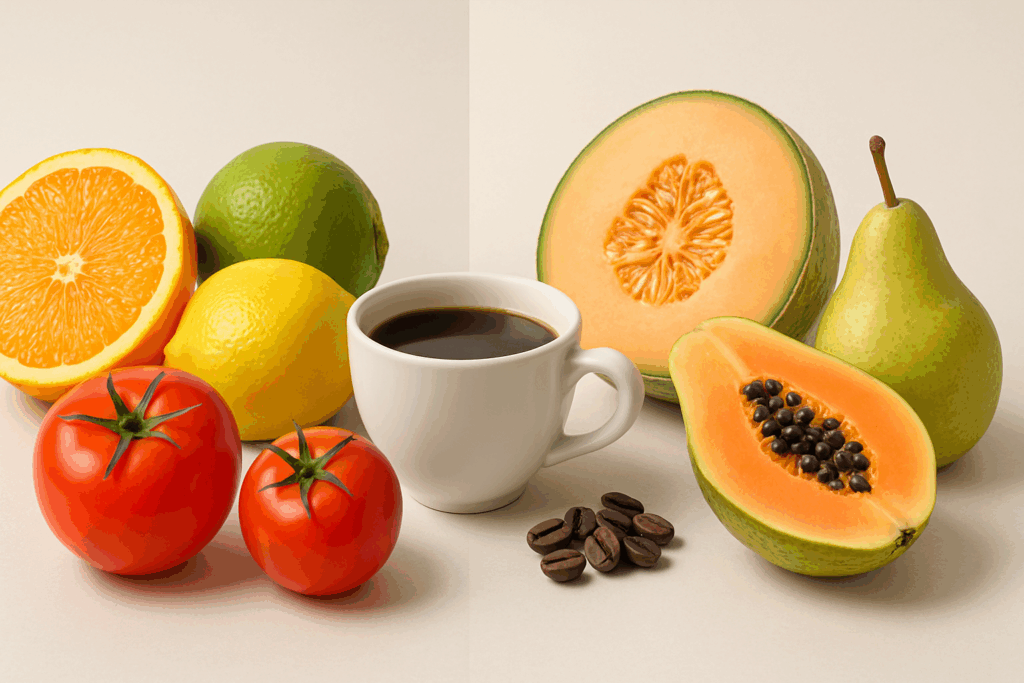 High acid foods like citrus fruits, tomatoes, and coffee alongside low acid fruits like papaya and pears, illustrating why do bananas give me heartburn.