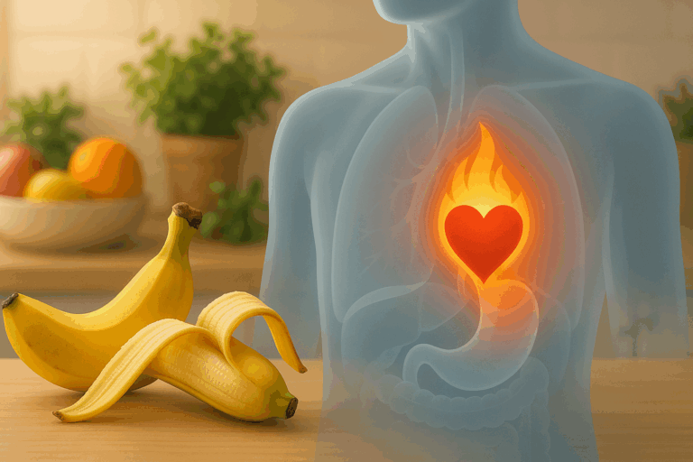 Ripe banana split open beside burning heart symbol in torso overlay illustrating digestive discomfort, concept for why do bananas give me heartburn