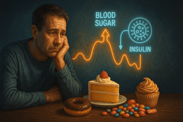 Man with diabetes staring longingly at cake and candy, with glowing insulin and blood sugar chart behind him, illustrating why do diabetics crave sugar.