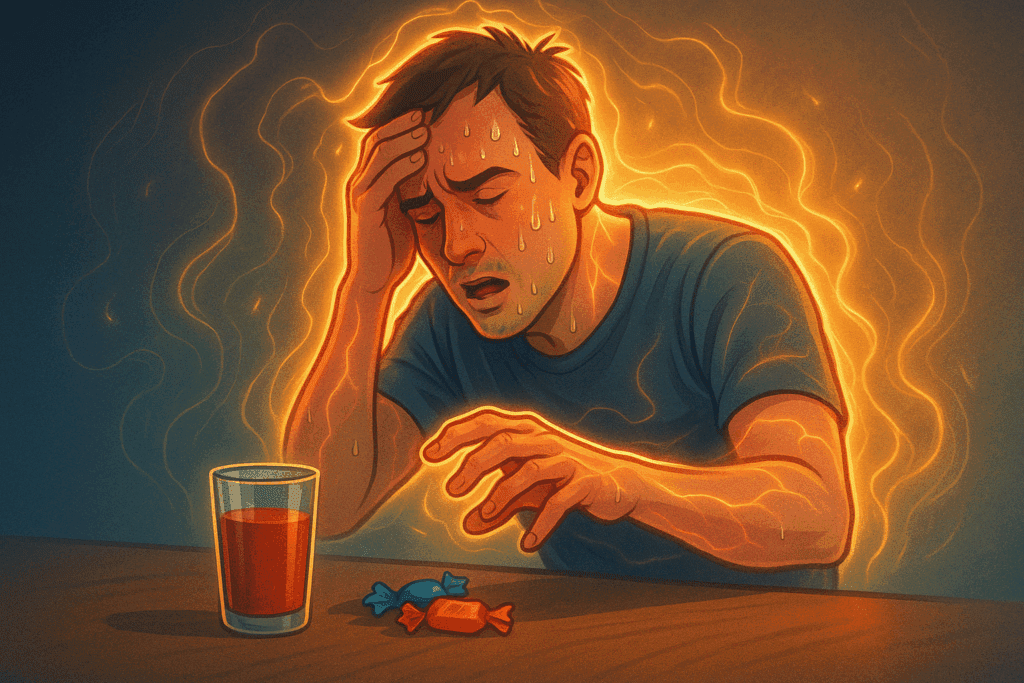 Man sweating and trembling from low blood sugar reaches for juice and candy, illustrating why do diabetics crave sugar.