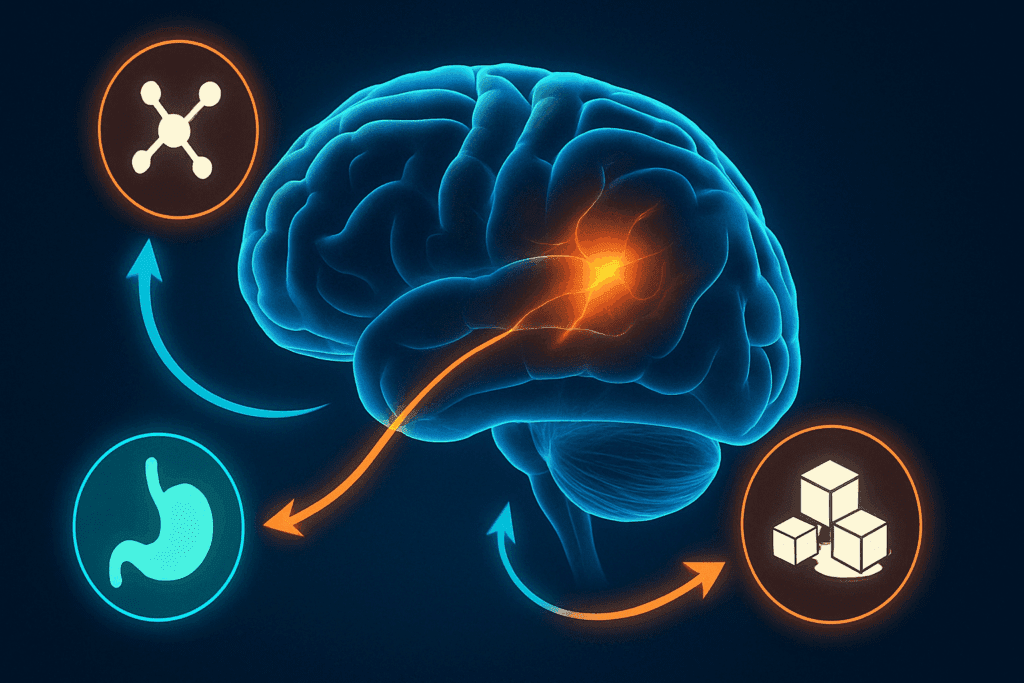 Conceptual diagram of brain signaling pathways showing how dopamine, leptin, and ghrelin influence sugar cravings, illustrating why do diabetics crave sugar