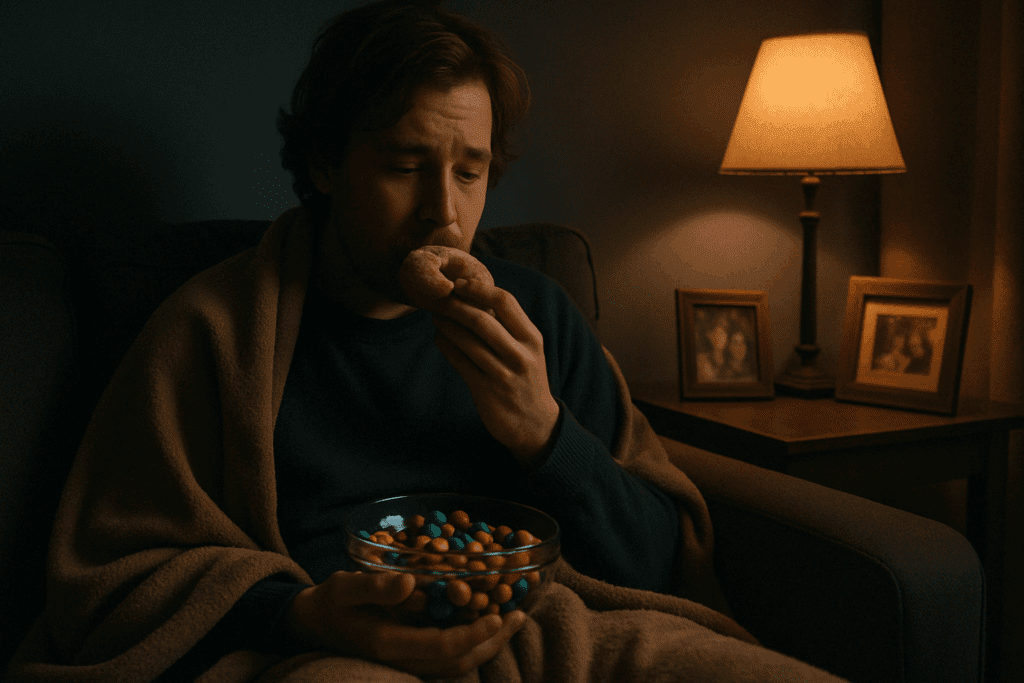 Man sitting alone at night comfort-eating sweets under dim lighting, symbolizing emotional triggers linked to why do diabetics crave sugar.