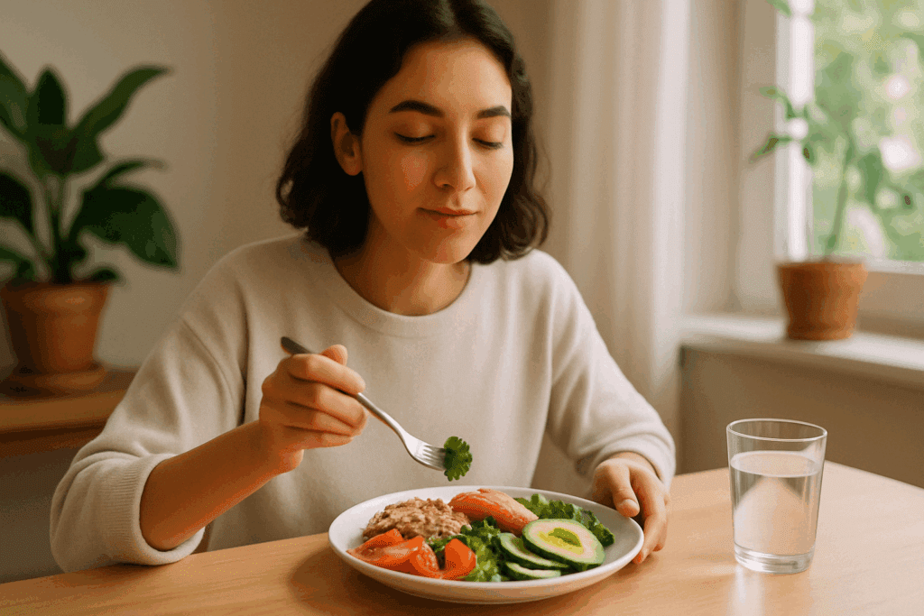 Person practicing mindful eating with a balanced meal, illustrating lifestyle tips that address why do diabetics crave sugar.