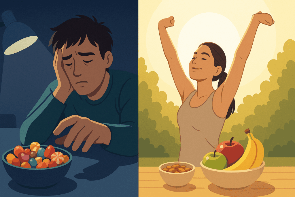 Tired man reaching for candy at night beside energized woman stretching in sunlight with fruit and nuts, showing why do diabetics crave sugar.
